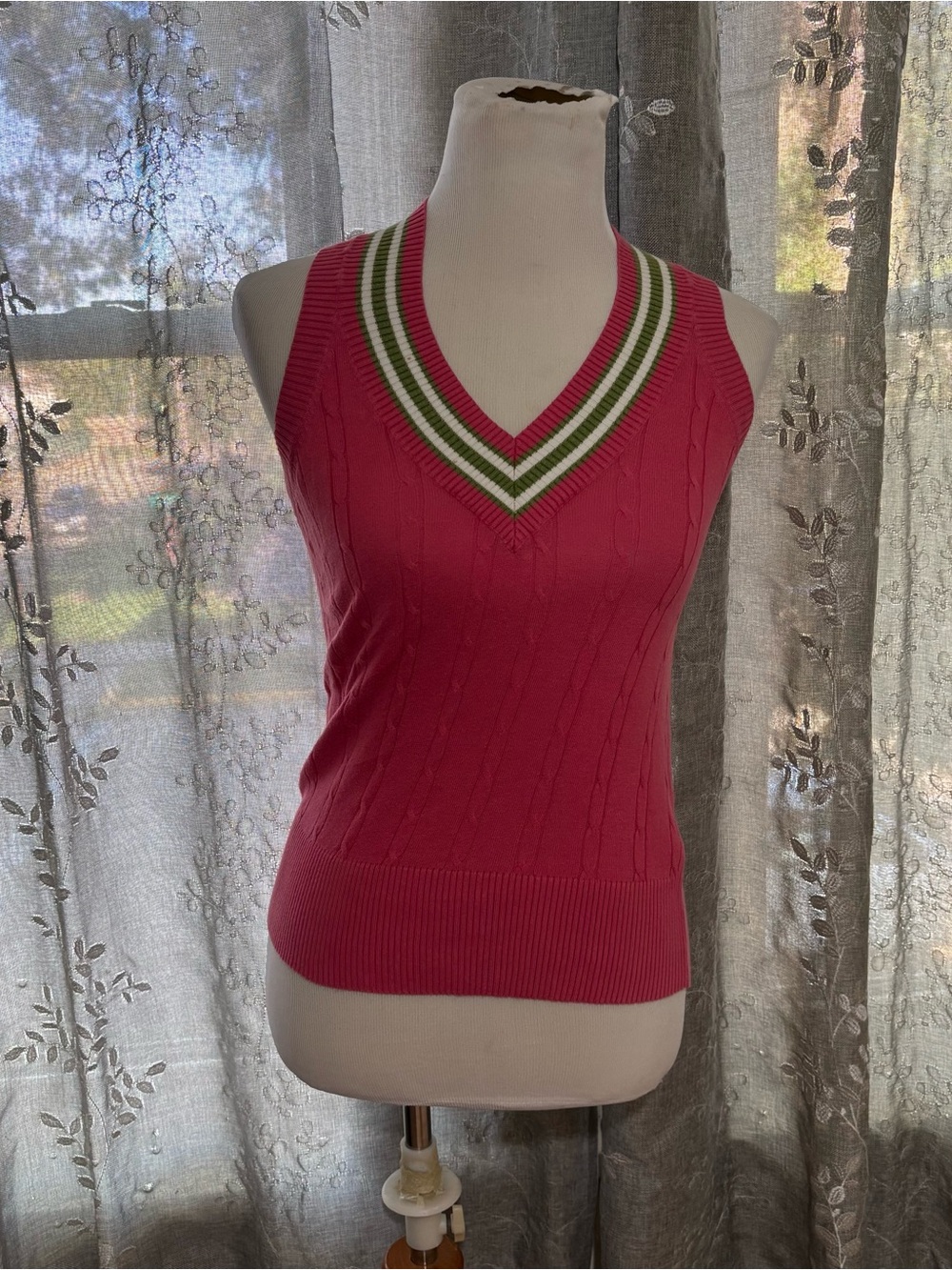Y2K Old Navy Pink V-Neck Cable Knit Sweater Vest with Green & White Trim
